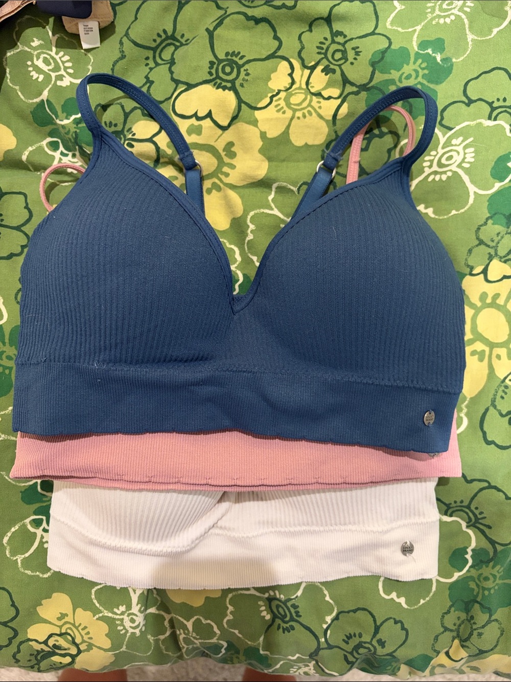 Lucky Brand Seamless Ribbed Bralettes - Blue, Pink & White (3 pack)